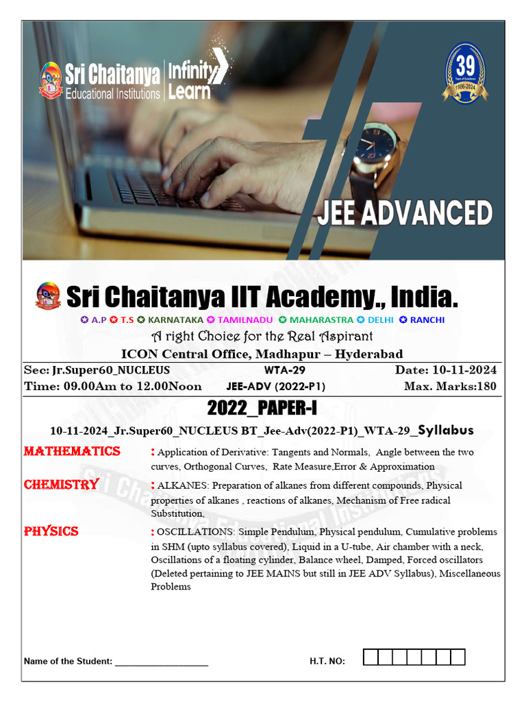 JEE Advanced 2022 Model Paper Guide | PDF | Oscillation | Tangent