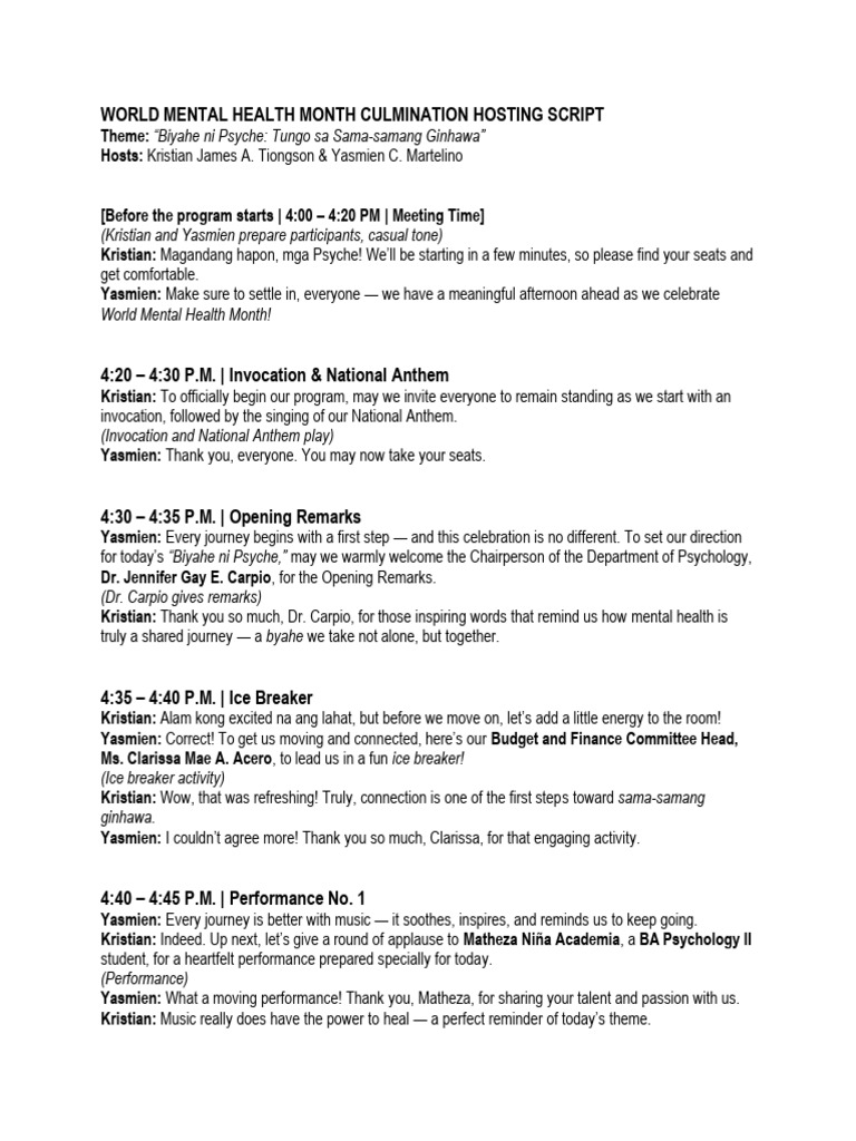World Mental Health Month Hosting Script | PDF
