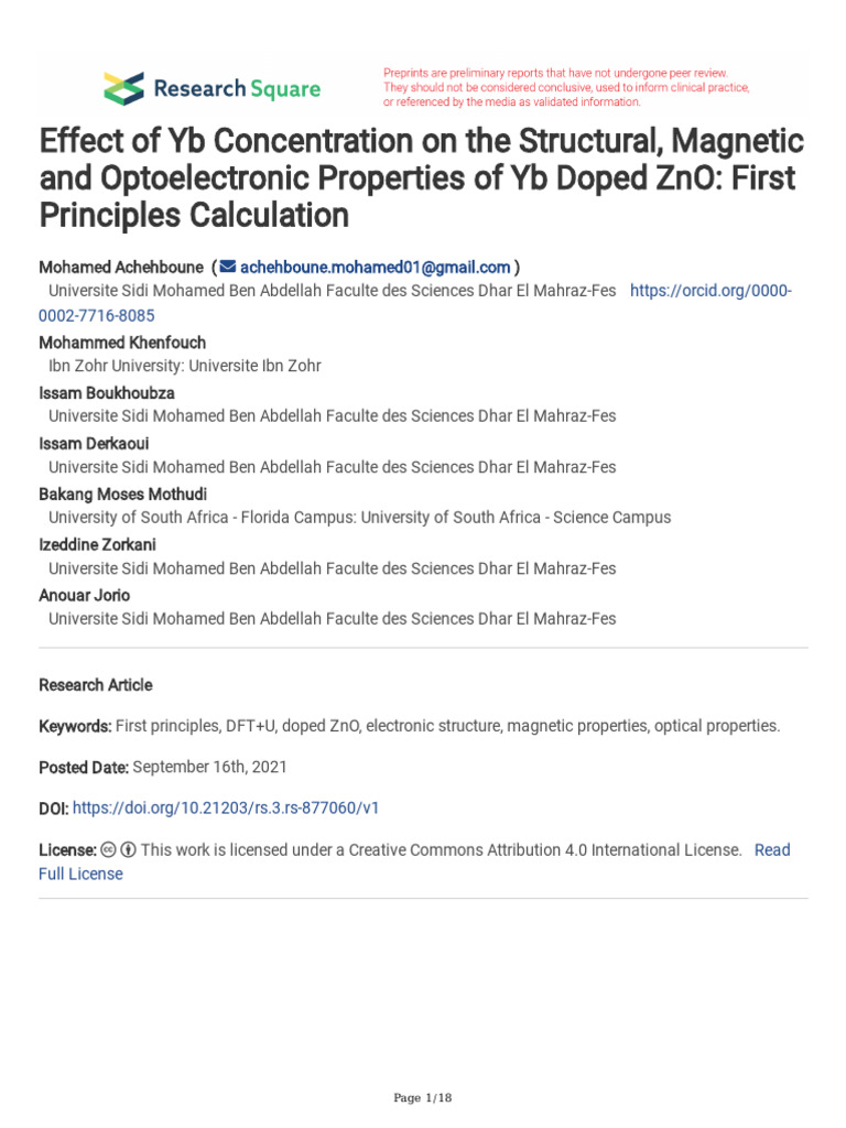 Yb Doping Effects on ZnO Properties | PDF | Zinc Oxide | Doping ...