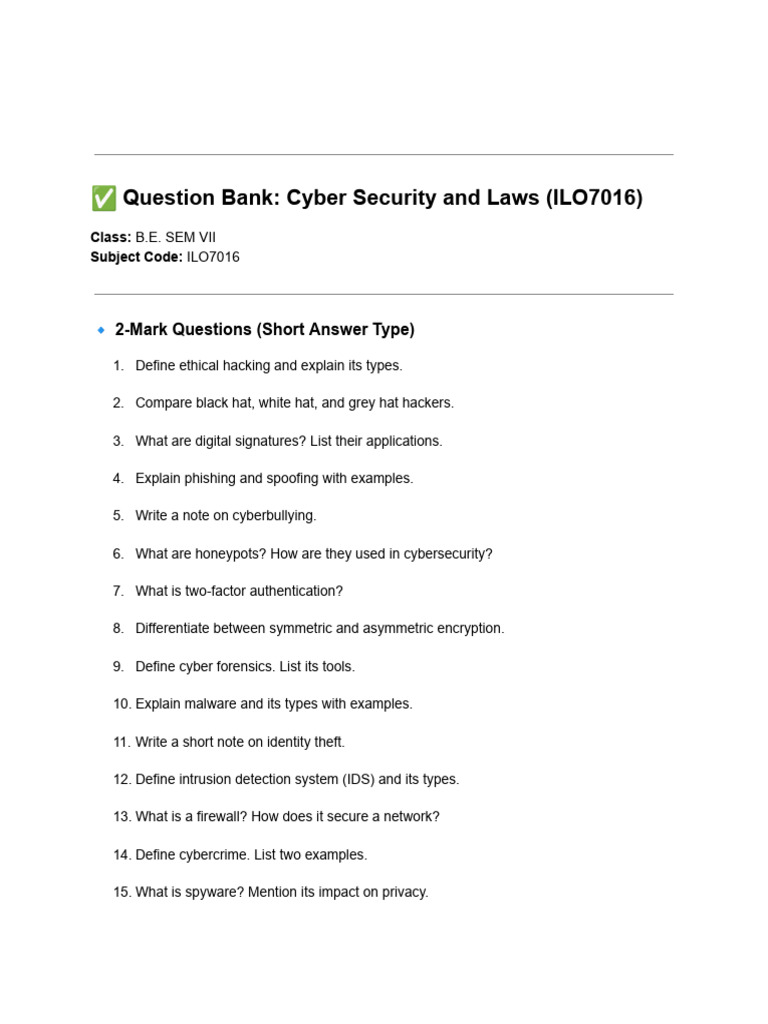 Cyber Security Question Bank ILO7016 | PDF