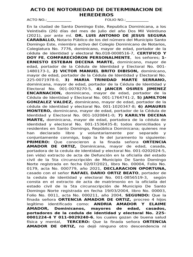 Acto Notarial de Determinación de Herederos | PDF | República Dominicana