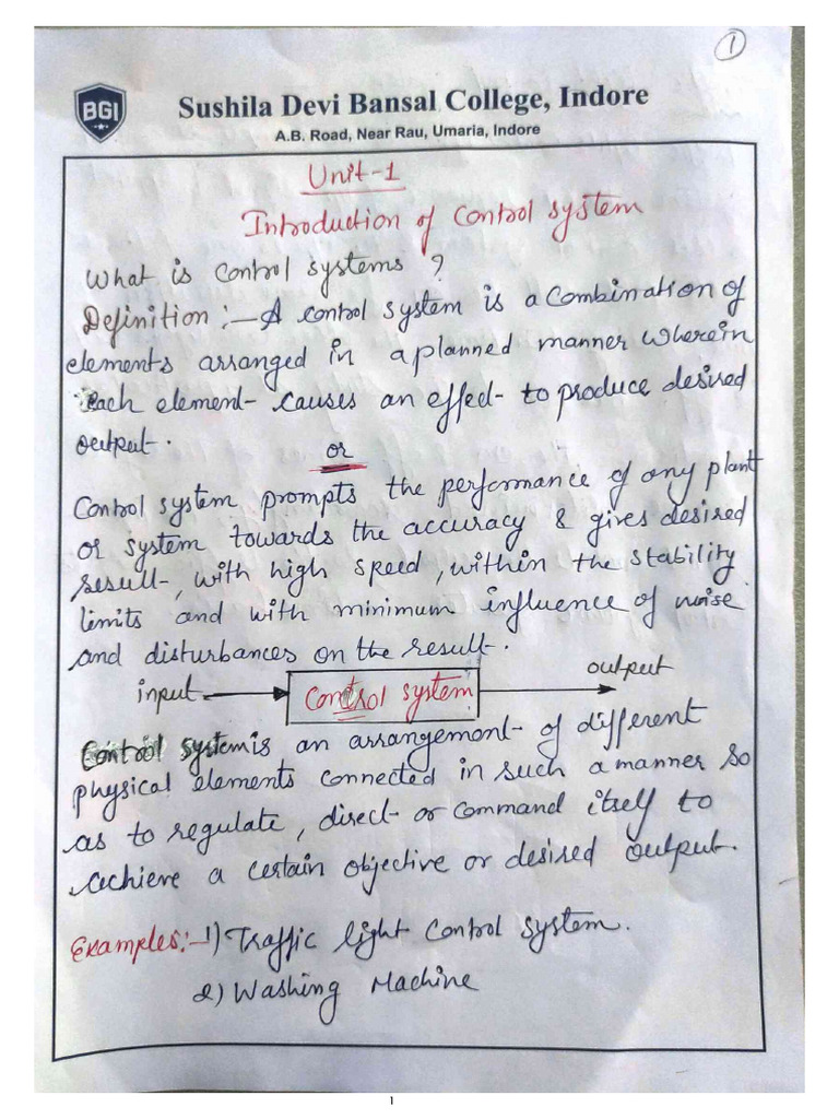 Control System Notes Unit 1 | PDF