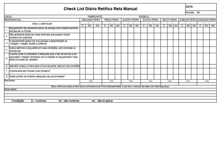 Check List Diário Retífica Reta Manual | PDF | Eletricidade