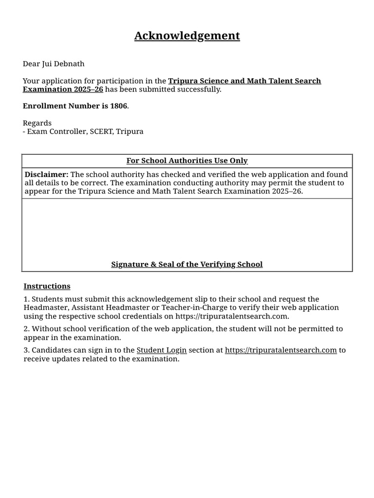 Tripura Science Exam Acknowledgement 2025-26 | PDF