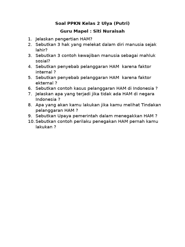 Soal PPKN Kelas 2: Hak dan Kewajiban HAM | PDF