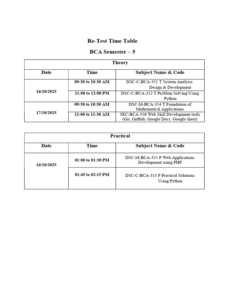 Re-Test Time Table | PDF
