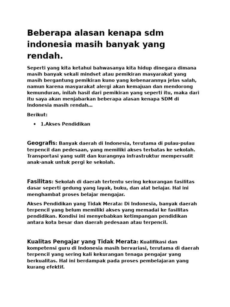 Penyebab Rendahnya SDM di Indonesia | PDF