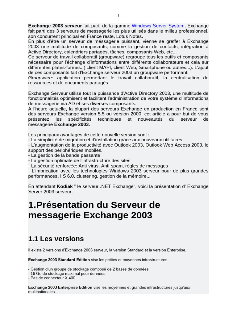 Spécificités d'Exchange Server 2003 | PDF | Microsoft Exchange Server ...