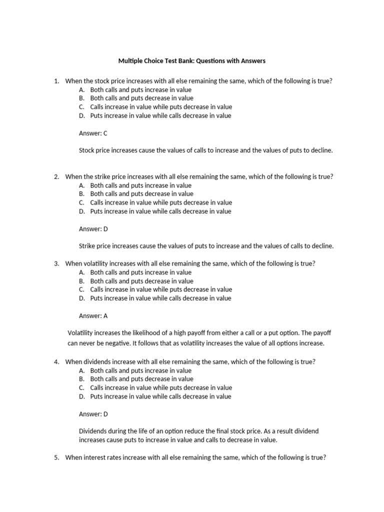 Stock Options MCQ Test Bank with Answers PDF Option (Finance) Put