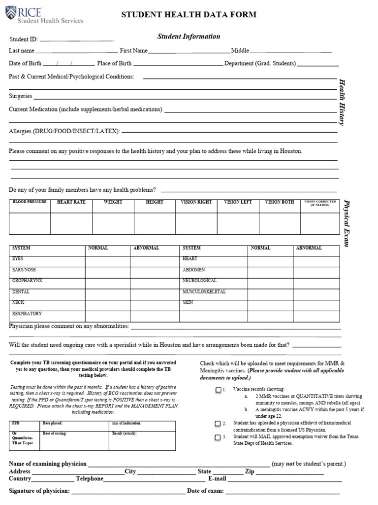 Student Health Data Form Overview | PDF | Medical Specialties | Immunology
