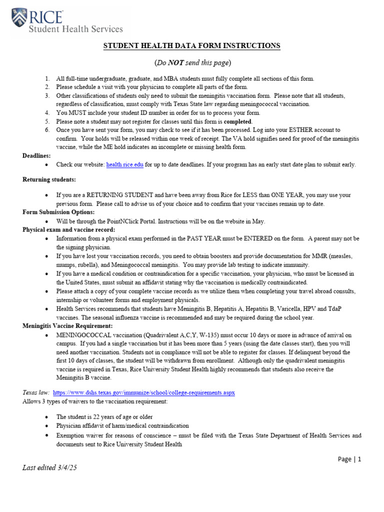Rice Student Health Data Form Instructions | PDF | Tuberculosis | Vaccines