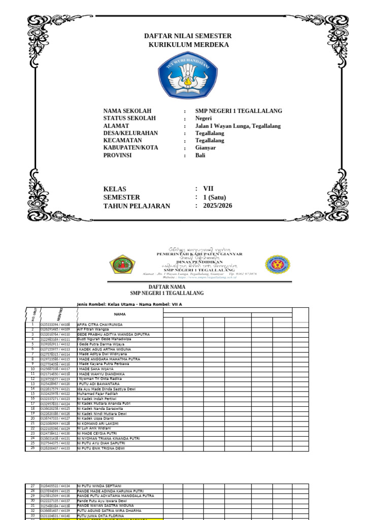 Daftar Nilai Kinanda Putri SMPN 1 | PDF