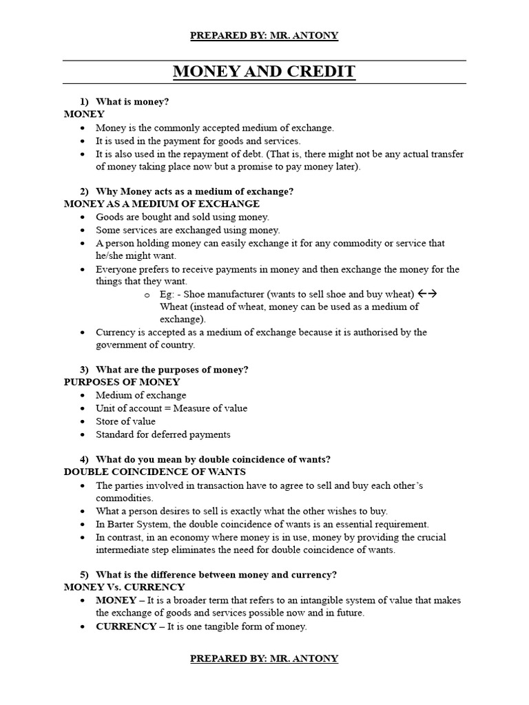 Money and Credit - Full-1 | PDF | Loans | Money