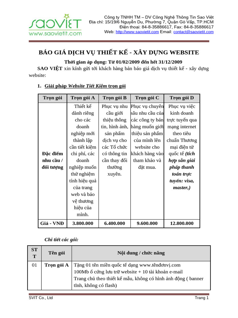 Báo Giá Dịch Vụ Thiết Kế - Xây Dựng Website | PDF