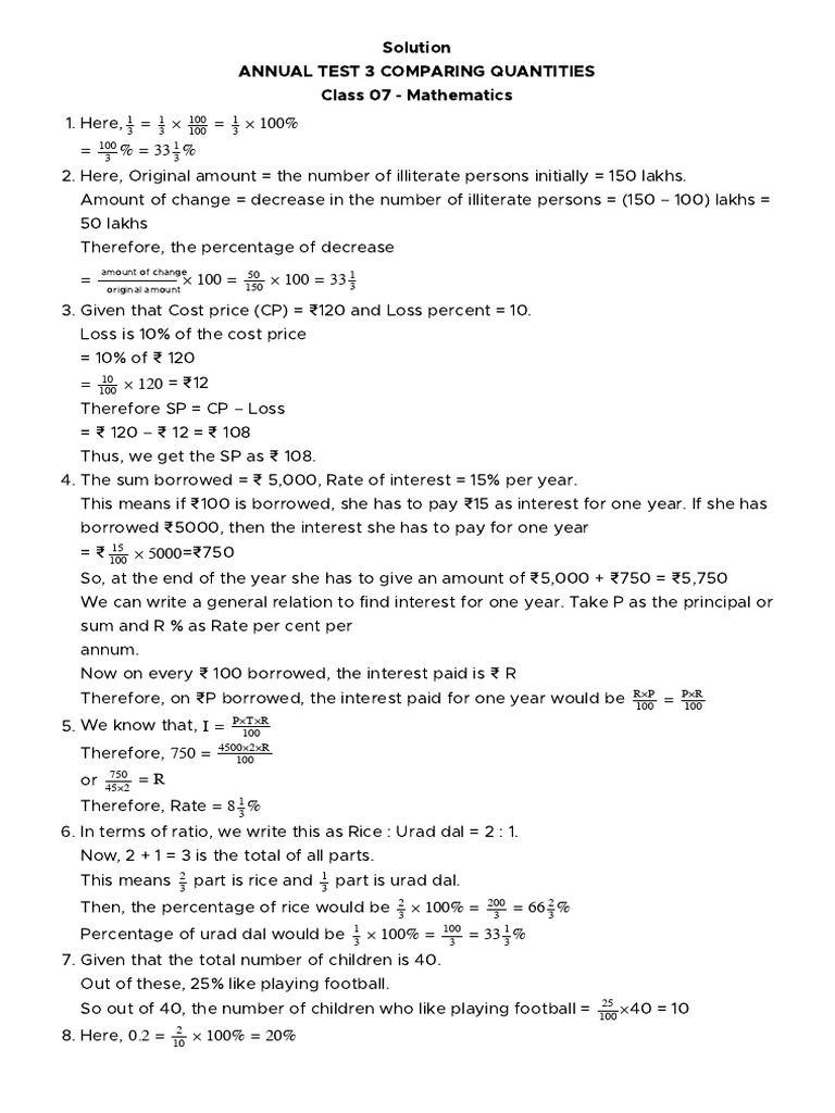 Annual Test 3 Solution Comparing Quantities | PDF | Percentage | Interest