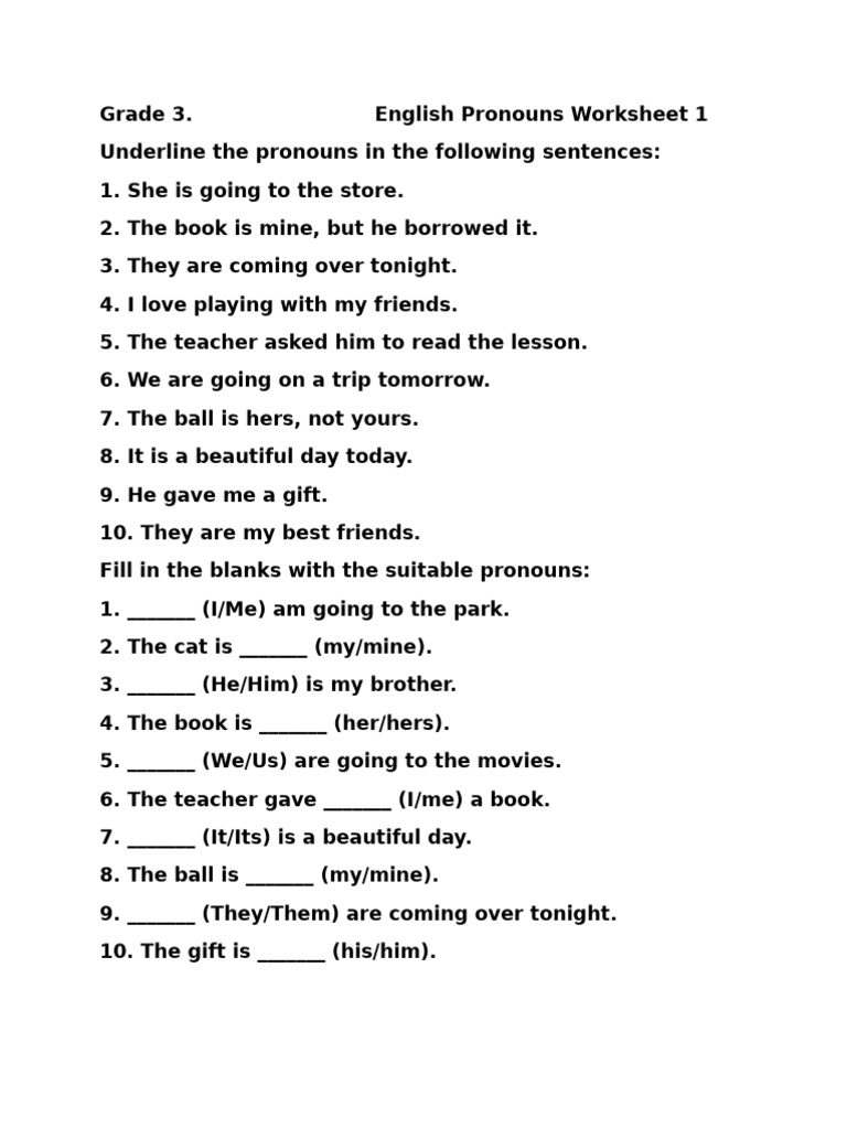 Grade 3 Pronouns Worksheet | PDF