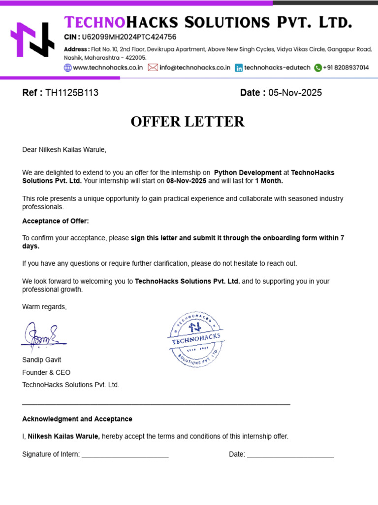 Internship Offer for Python Development | PDF