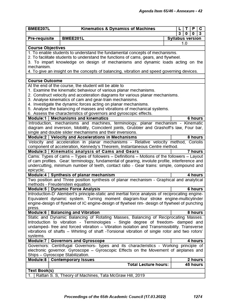 Kinematics and Dynamics of Machines TH 1.0 70 Bmee207l | PDF ...