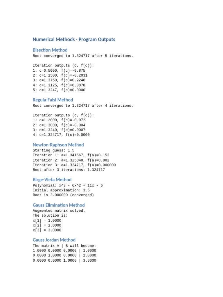 Numerical Methods Outputs | PDF