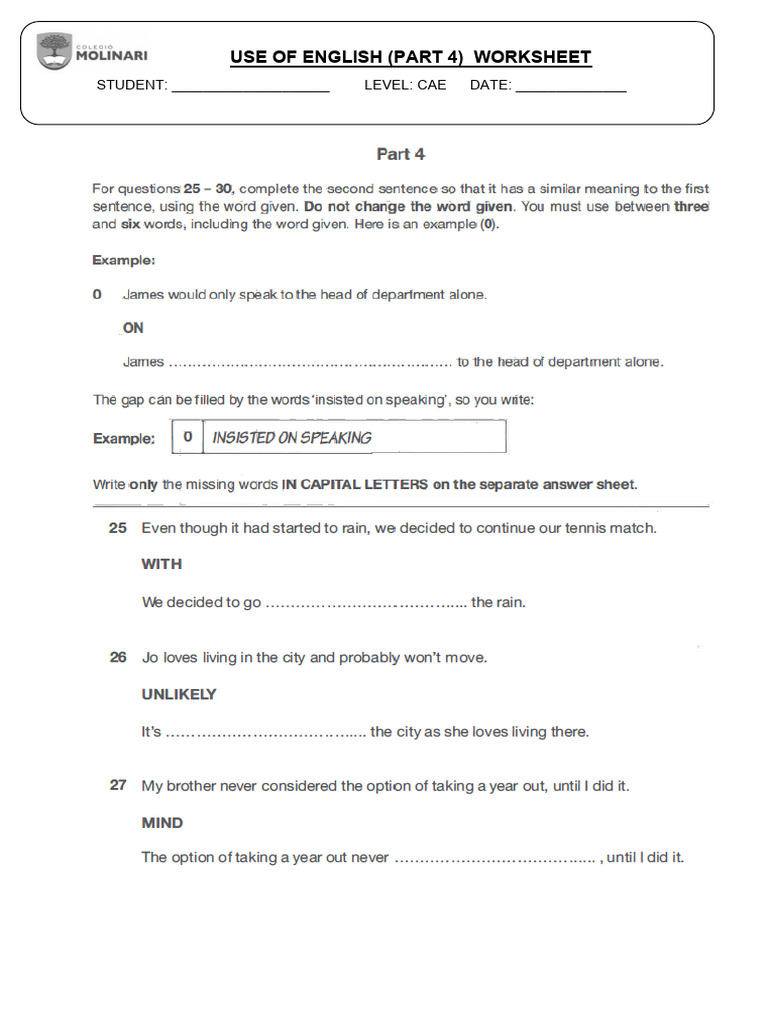 CAE Use of English Part 4 Worksheet | PDF