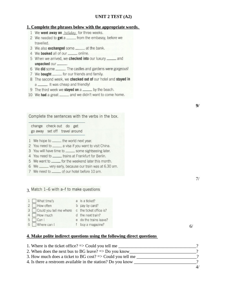A2 Unit 2 Test: Indirect Questions | PDF