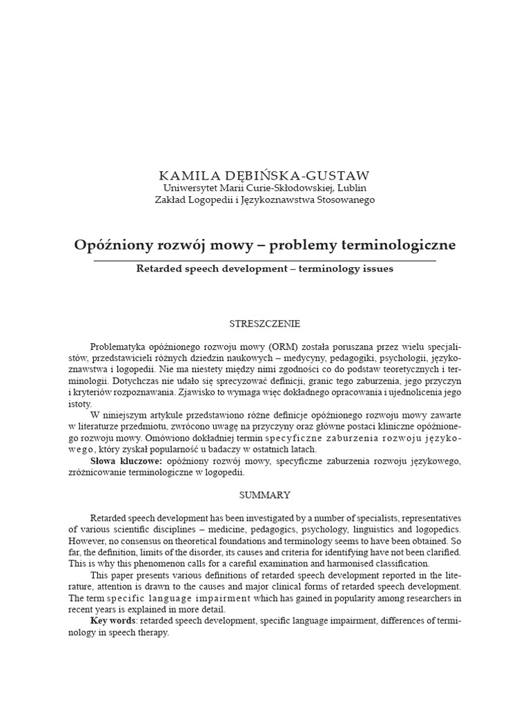 Opóźniony Rozwój Mowy - Problemy Terminologiczne | PDF