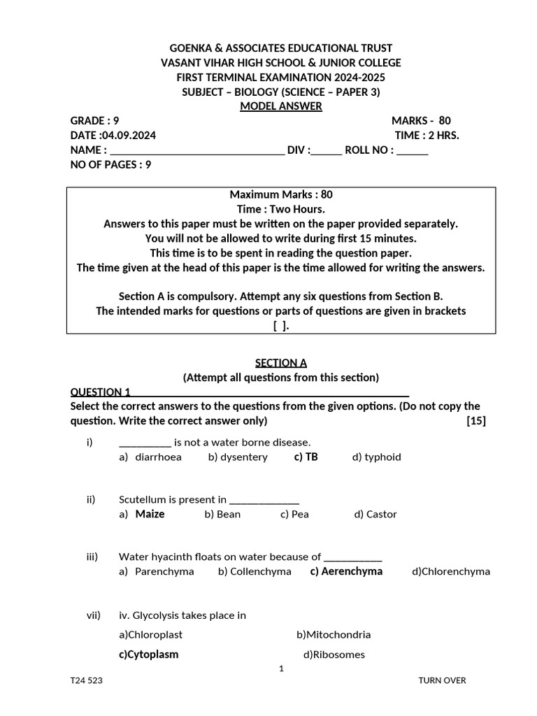 Grade 9 Biology Model Answer 2024 | PDF | Seed | Fertilisation