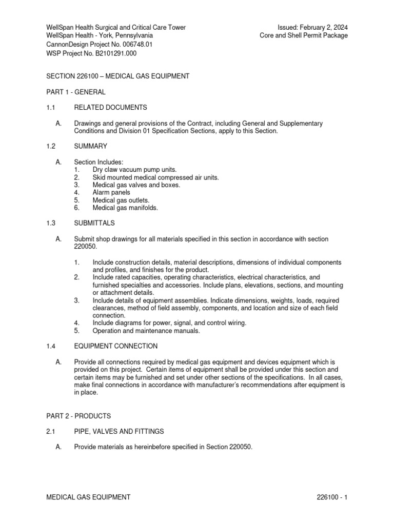 Medical Gas Equipment Specifications | PDF | Valve | Pump