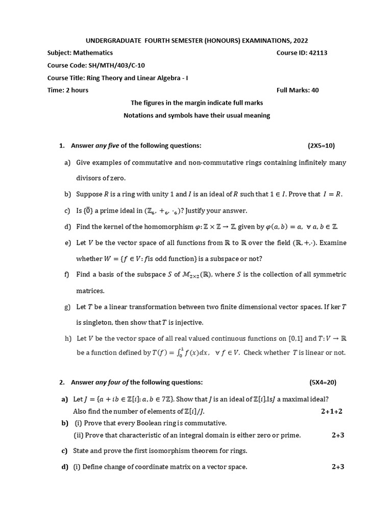 Ring Theory & Linear Algebra Exam 2022 | PDF | Linear Map | Ring ...