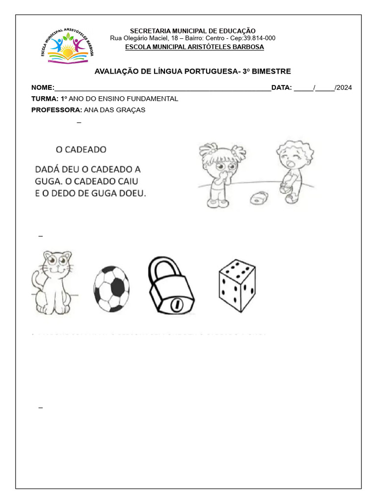 Avaliação de Língua Portuguesa 1º Ano | PDF