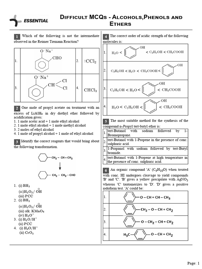 Difficult MCQs on Alcohols and Ethers | PDF | Ether | Chemistry