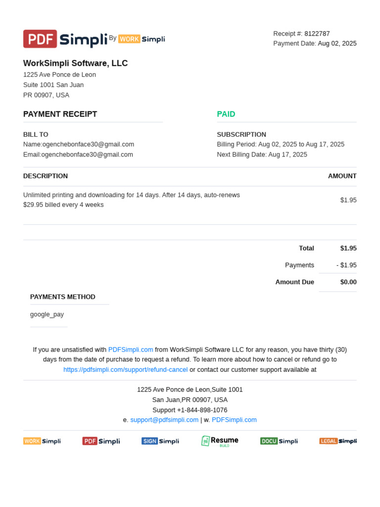 WorkSimpli Subscription Payment Receipt | PDF