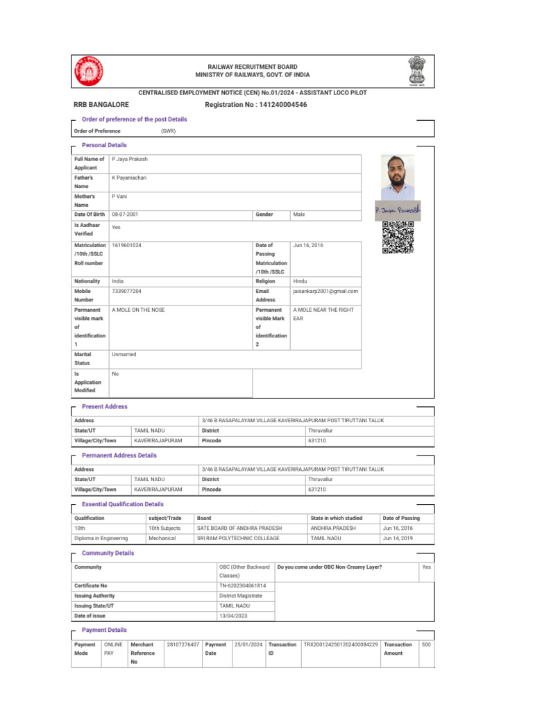 Rrbapply.gov.in # Pscexamservice Candidate View Application Id=9b5f6a24 ...