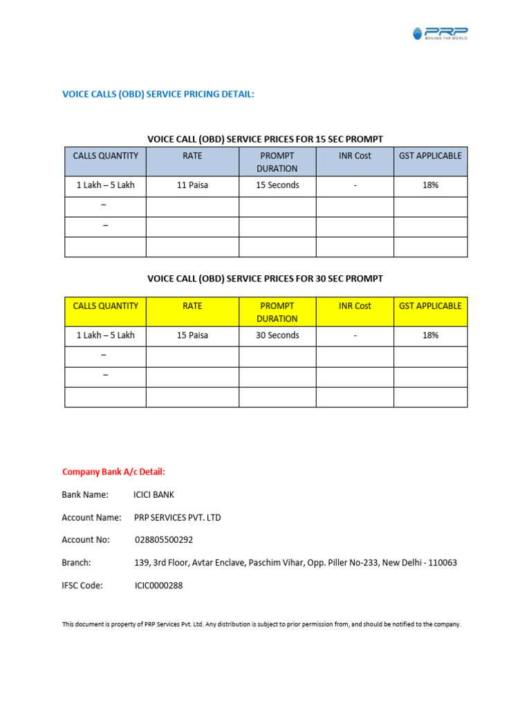 OBD Voice Call Pricing Details | PDF