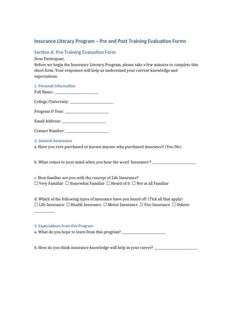Insurance Literacy Program Evaluation Forms | PDF