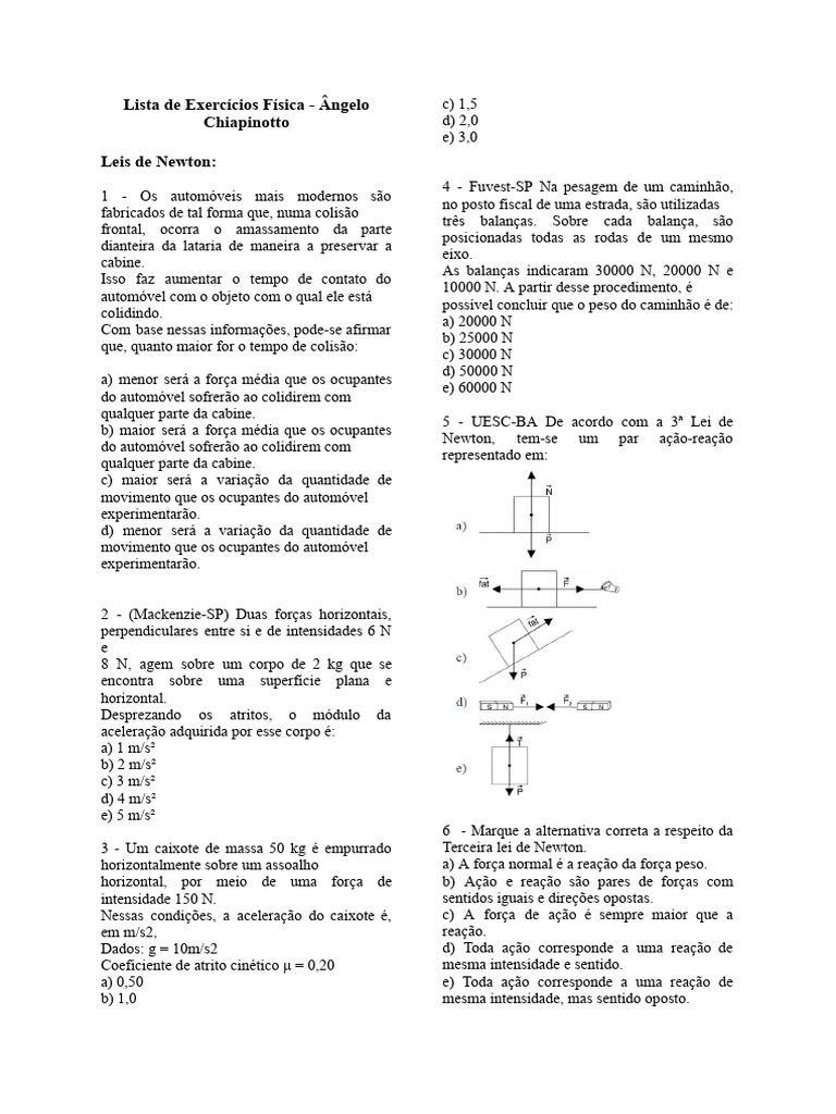 Exercícios sobre Leis de Newton | PDF | Leis do Movimento de Newton | Força