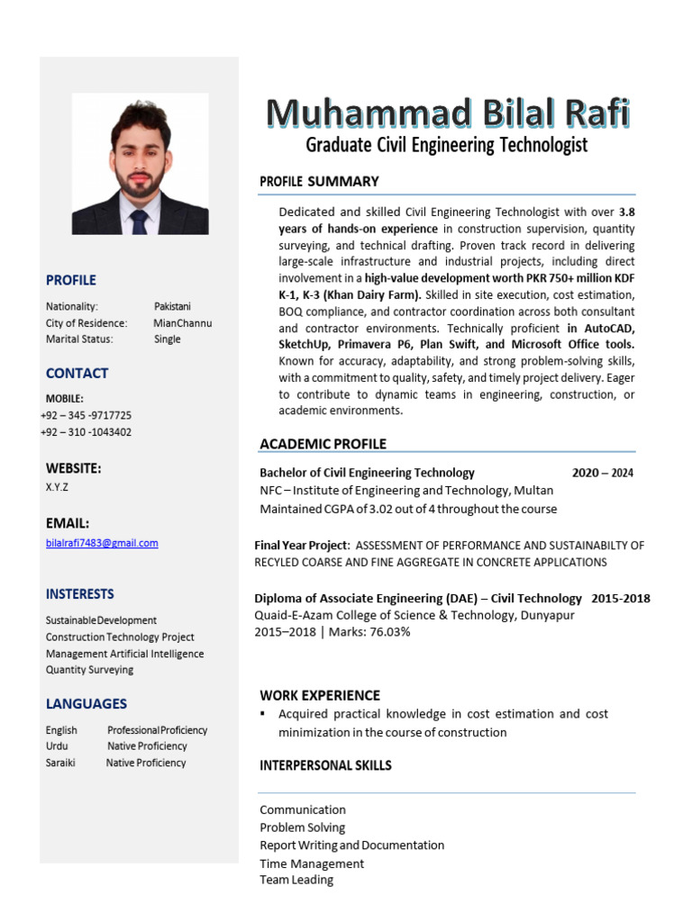 Bilal Rafi: Civil Engineering Profile | PDF