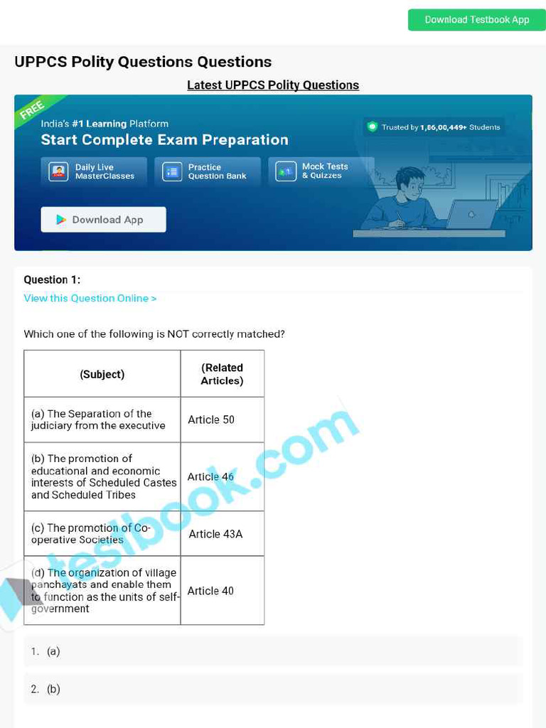 Uppcs Polity Questions 659b9e56d7bd28eb117eb1cd | PDF