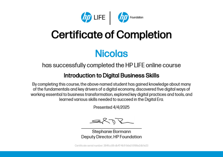 HP LIFE Course Completion Certificate | PDF