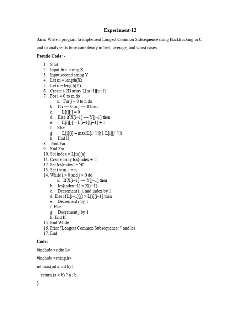 Longest Common Subsequence in C | PDF
