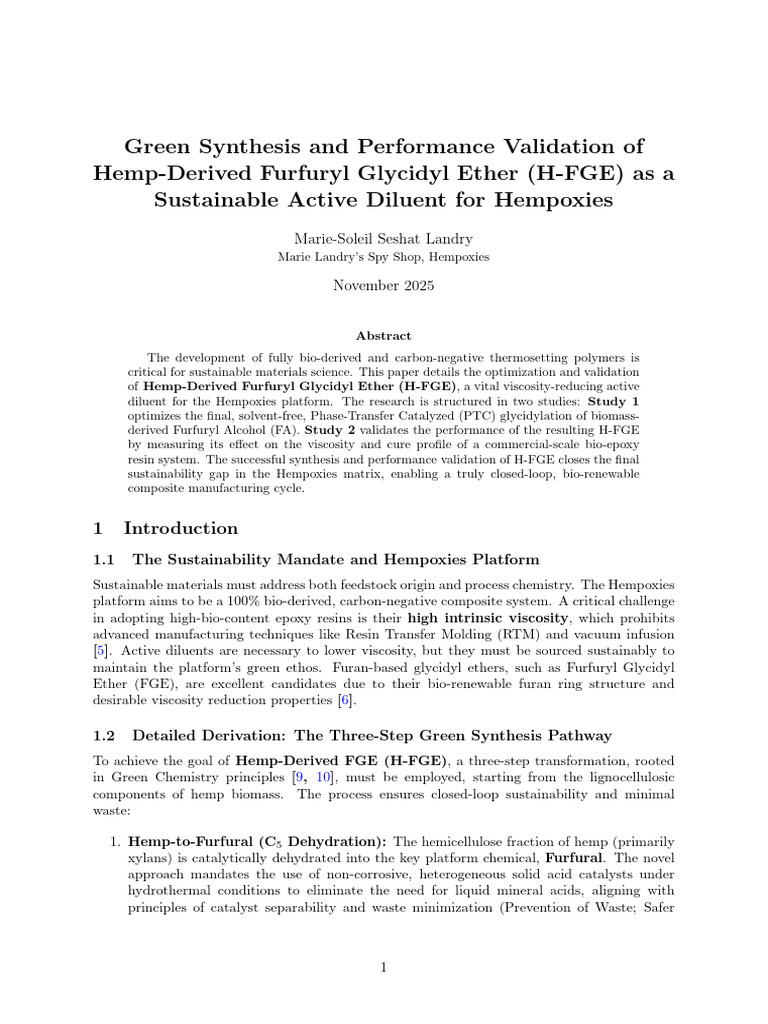 Green Synthesis and Performance Validation of Hemp Derived Furfuryl