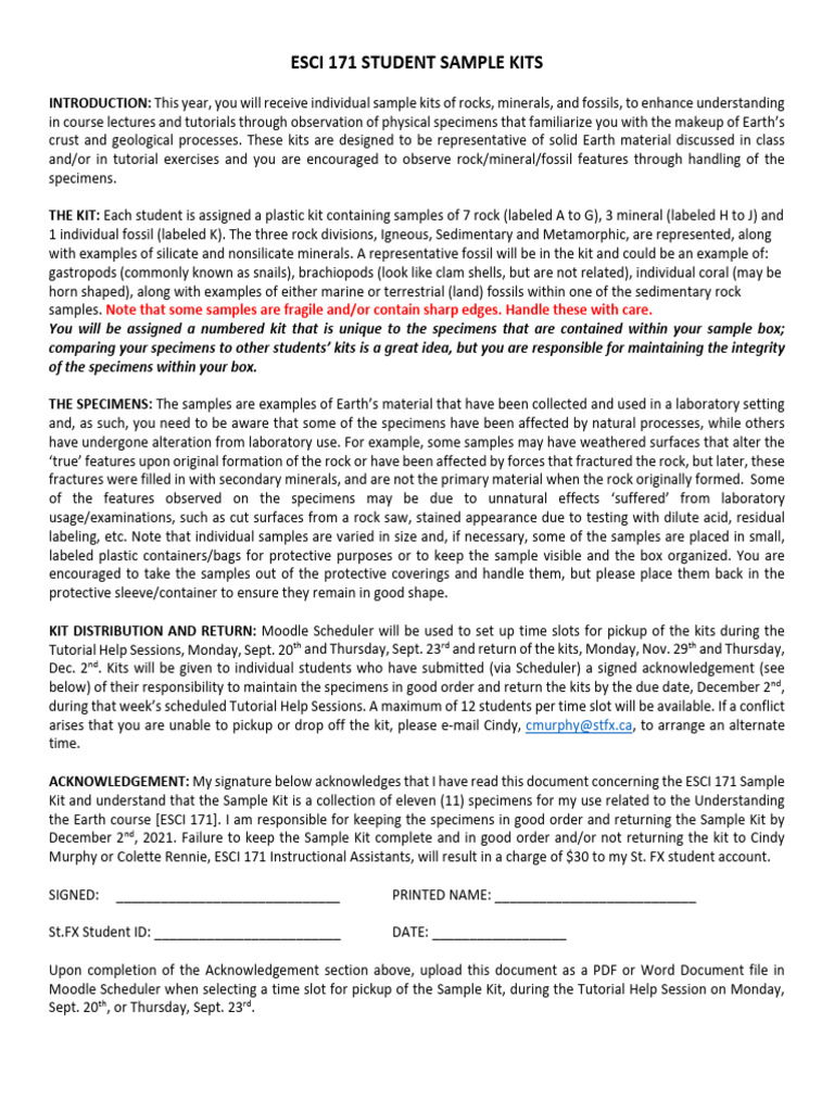 ESCI 171 SAMPLE KITS-Student Instructions & Acknowledgement | PDF ...