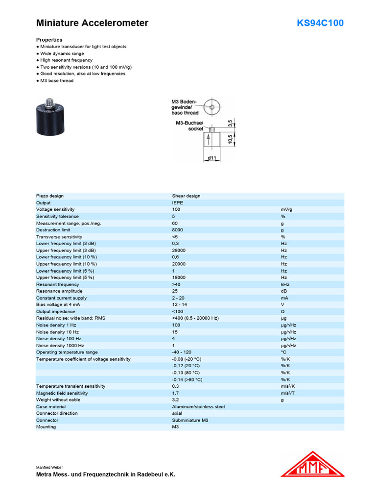 Miniature Accelerometer KS94C100 Specs | PDF | Electrical Engineering ...