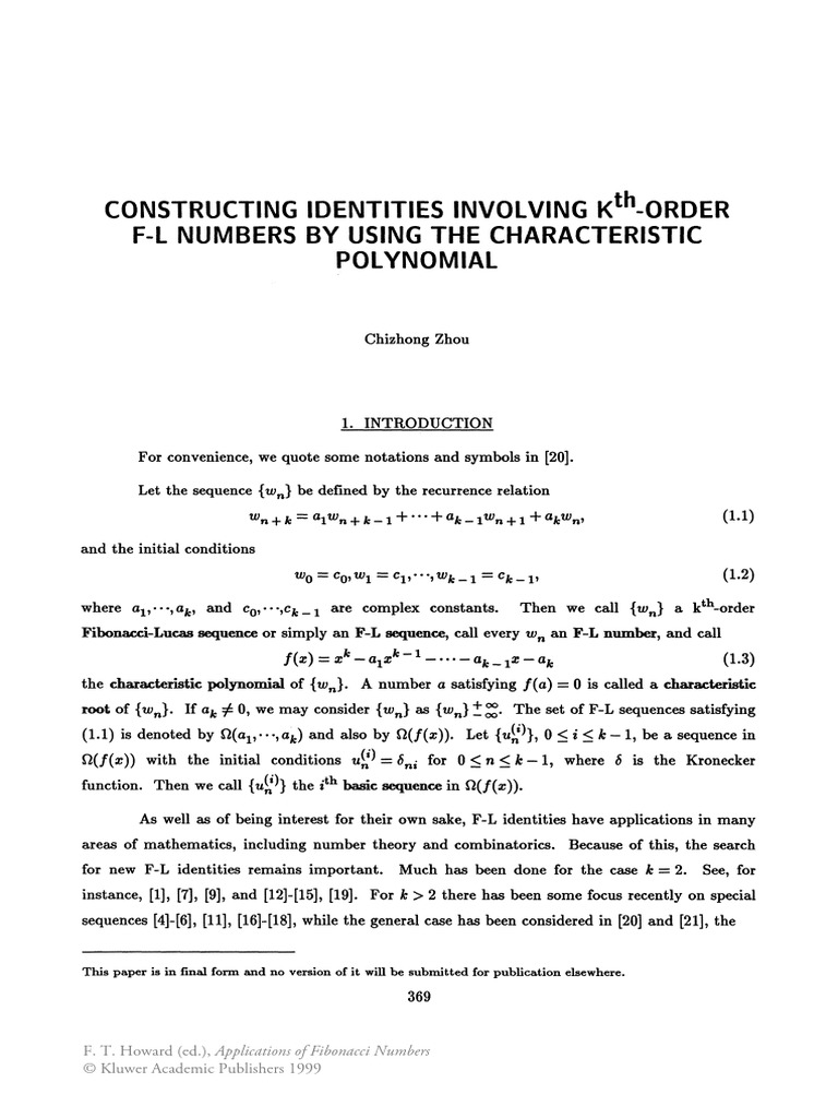 Constructing Identities Involving Kth-Order F-L Numbers by Using The ...