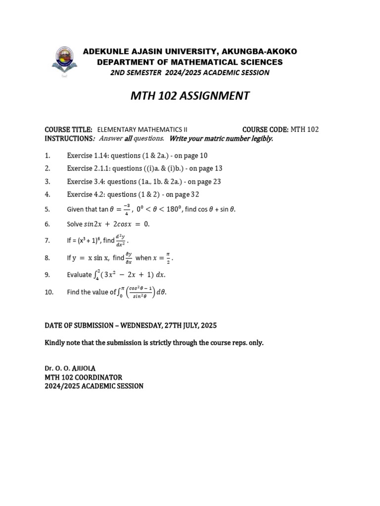 MTH 102 Assignment: Elementary Mathematics II | PDF