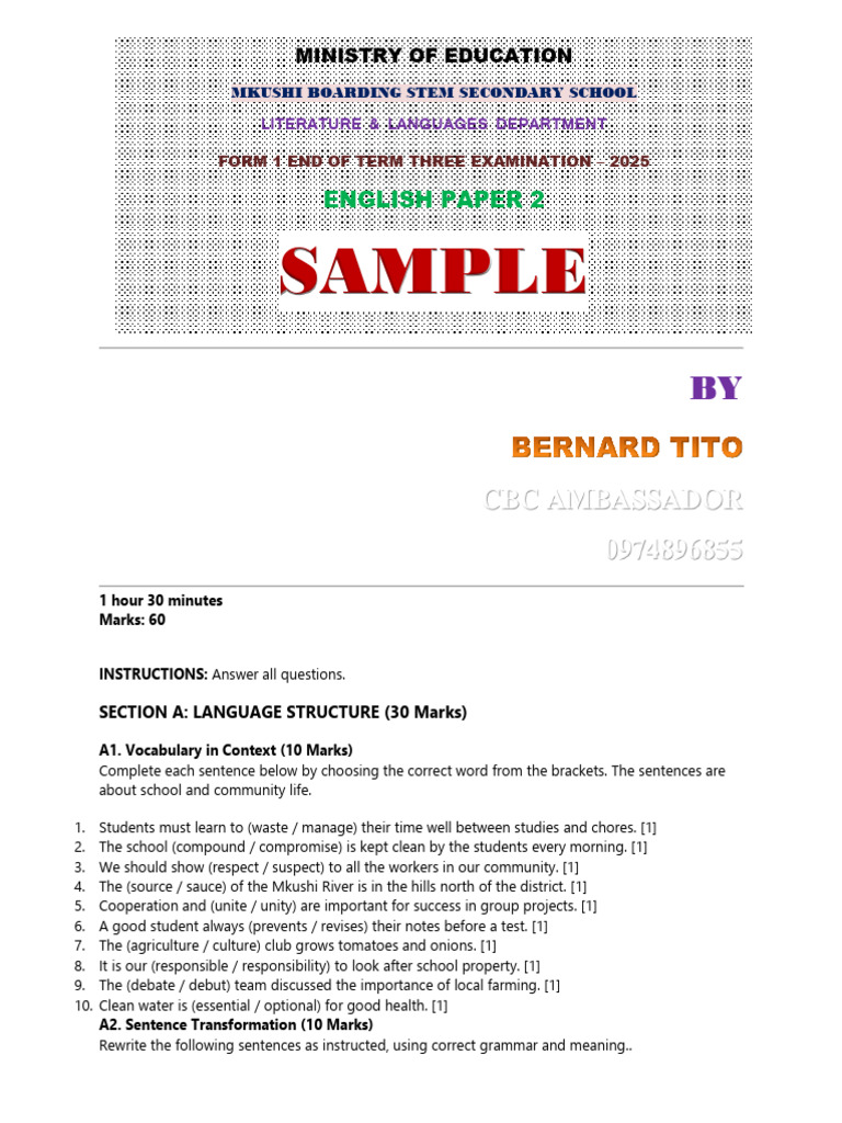 English Paper 2 CBC Sample of Assessement | PDF | Linguistics | Human ...