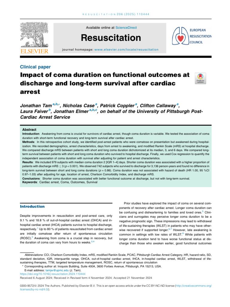 Coma Duration and Cardiac Arrest Outcomes | PDF | Coma | Cardiac Arrest