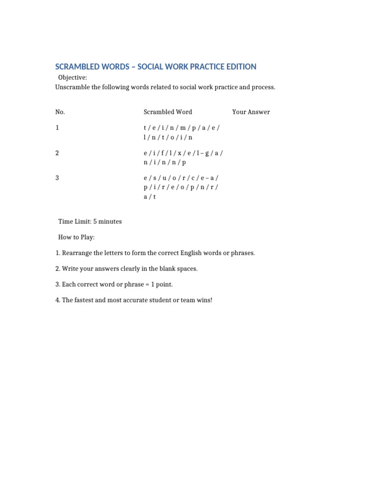 Unscramble Social Work Terms | PDF