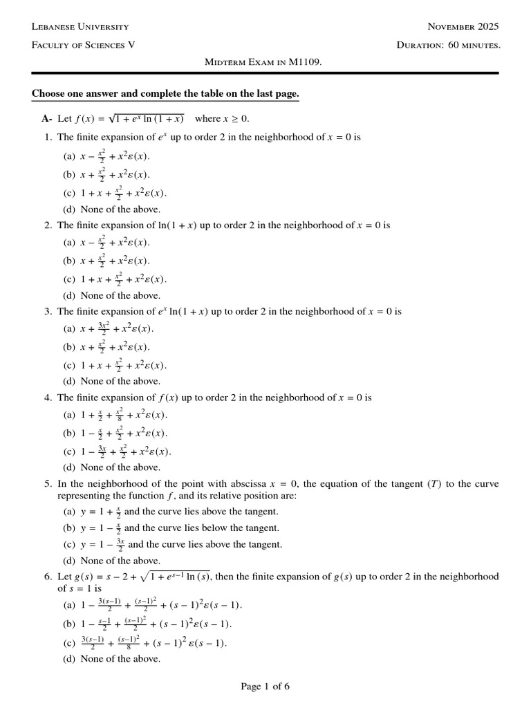 Lebanese University Midterm Exam M1109 | PDF | Tangent | Mathematical ...