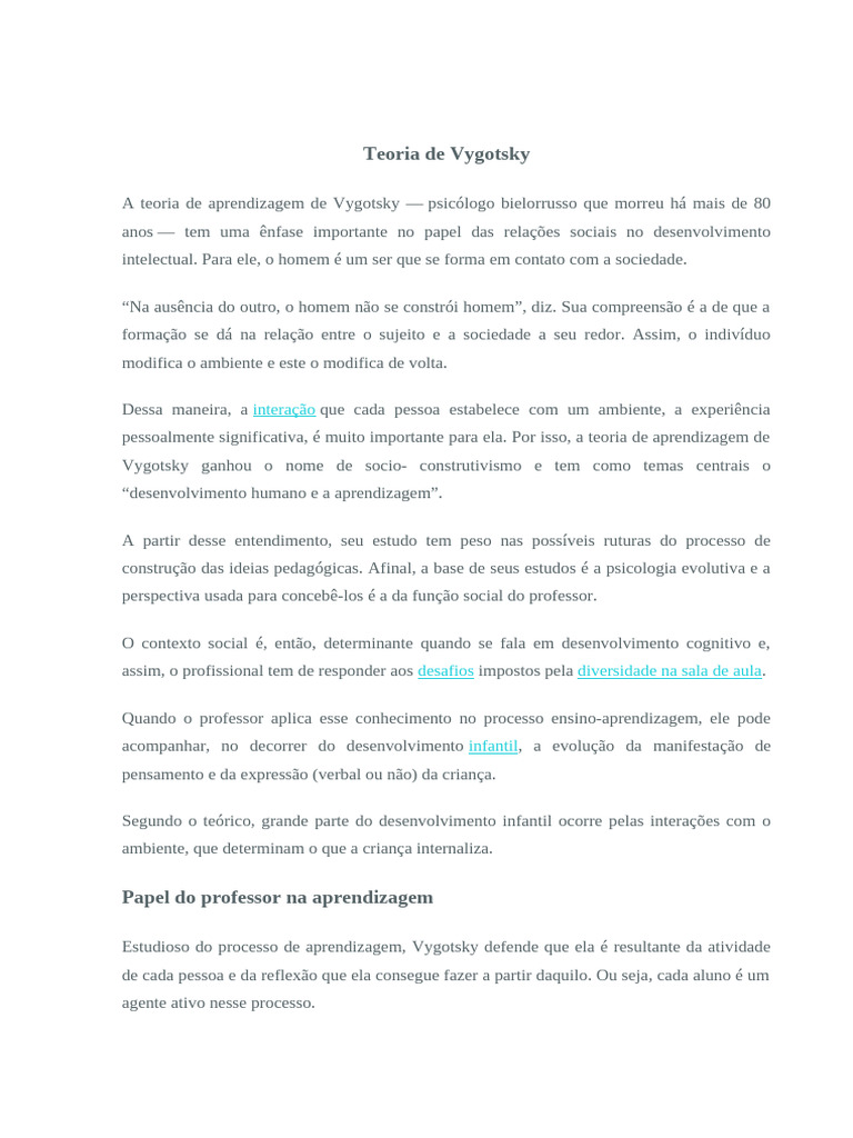 Teoria da Aprendizagem de Vygotsky | PDF | Aprendizado | Pensamento